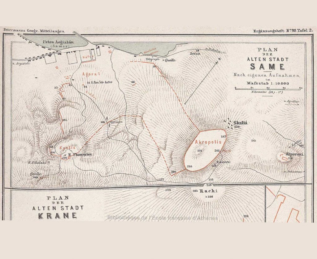 A topographic map of the acropolis of Same was made by the English geographer J. Partsch (Partsch, J. Franz Maria, Kephallenia und Ithaka:EinegeographischeMonographie, Gotha, 1890)