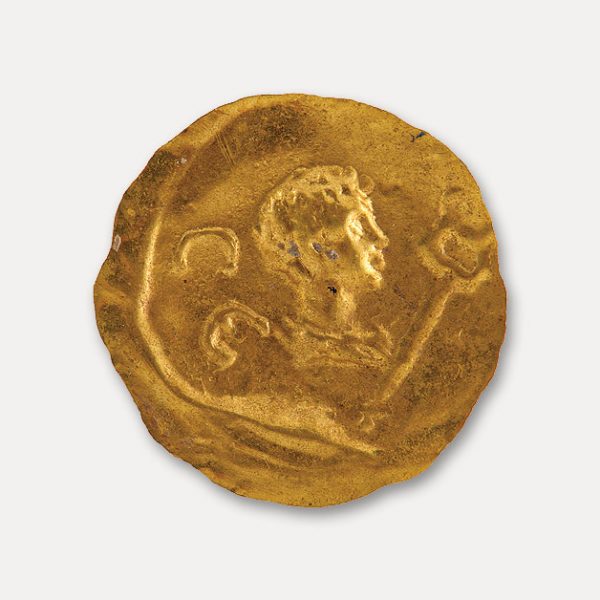 Gold danake with a head of Hermes and kerykeion (bat). Roman Republic. Same, south cemetery. 1st cent. BC