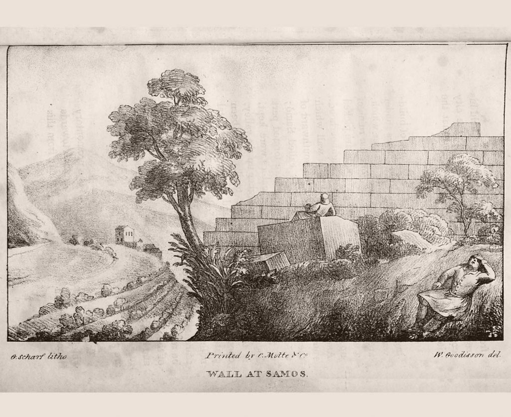 The fortification wall running down the south slope of the “Paliokastro” or “ΑrxΜajor” hill and the monastery of Ag. Fanentes depicted in the background. Goodisson W. A historical and topographical Εssay upon the Islands of Corfou, Leucadia, Cephalonia, Ithaca, and Zante: with Remarks upon the Character, Manners, and Customs of the Ionian Greeks; Descriptions of the Scenery and Remains of Antiquity discovered therein, and Reflections upon the Cyclopean Ruins. Illustrated by Maps and Sketches, London 1822, 152.