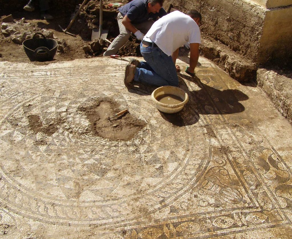 Cleaning a mosaic floor in Same’s Roman villa, 2005