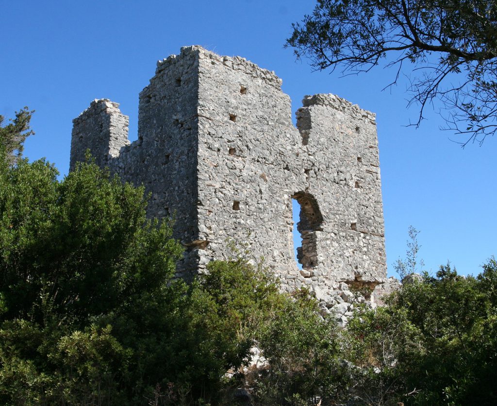The towers of the basilica in the Fournias peninsula, viewed from east.