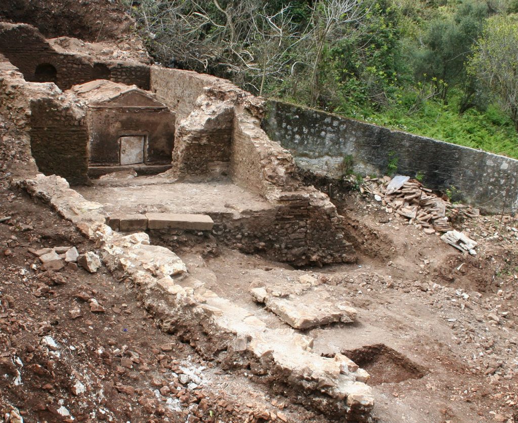 The mausoleum - temple-shaped burial chamber at the site of “Tigania” at Fiskardo.